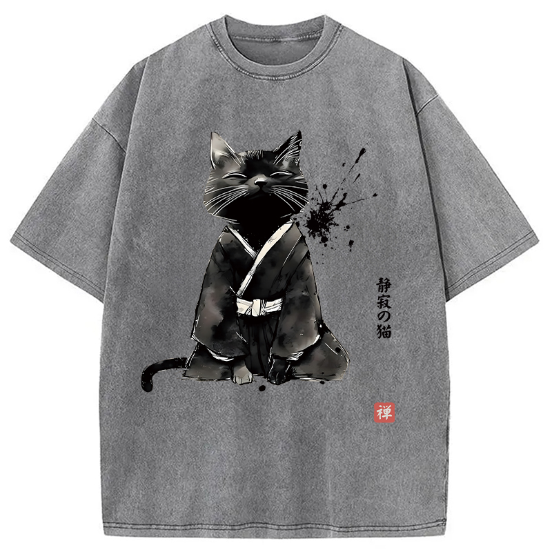 Modecanvas Zen Cat Japanese DTG Printing Washed T-Shirt