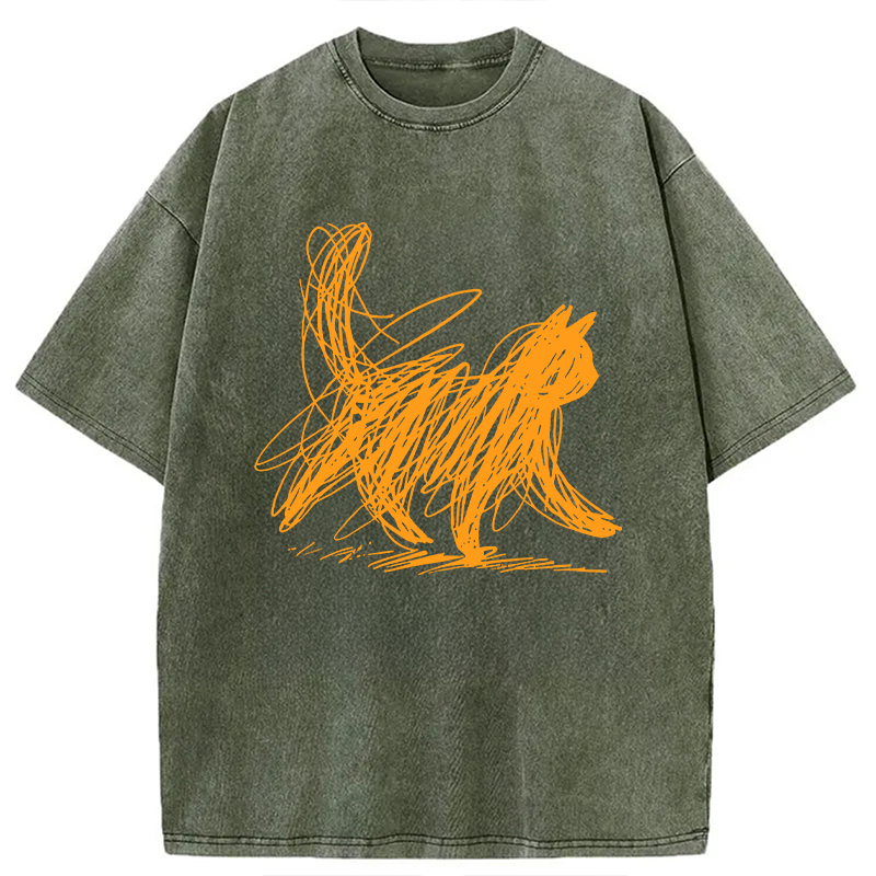 Modecanvas Scribble Cat Minimal Washed T-Shirt-modecanvas