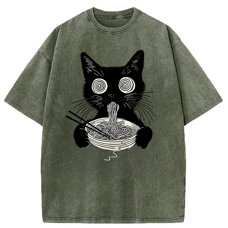 Modecanvas Psychedelic Ramen Cat DTG Printing Washed T-Shirt