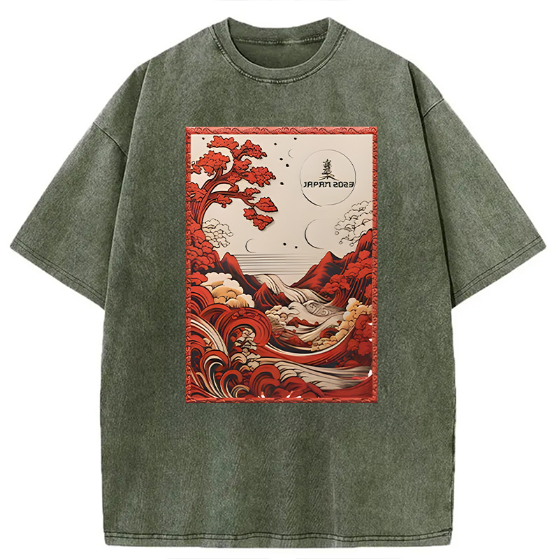 Modecanvas Japanese River View DTG Printing Washed T-Shirt