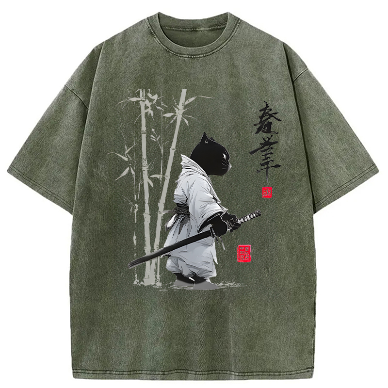Modecanvas Samurai Cat Japanese Kanji DTG Printing Washed T-Shirt