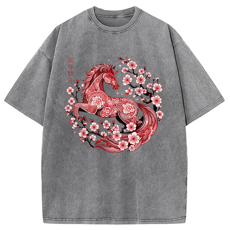 Modecanvas Chinese Horse New Year DTG Printing Washed T-Shirt