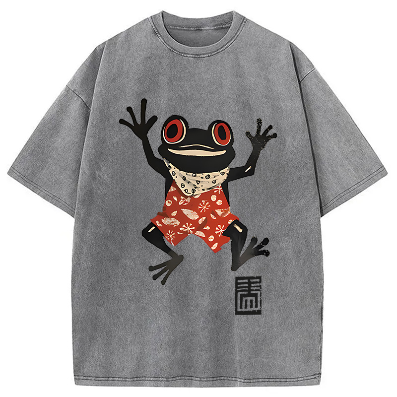 Modecanvas Japanese Happy Frog Ukiyoe DTG Printing Washed T-Shirt