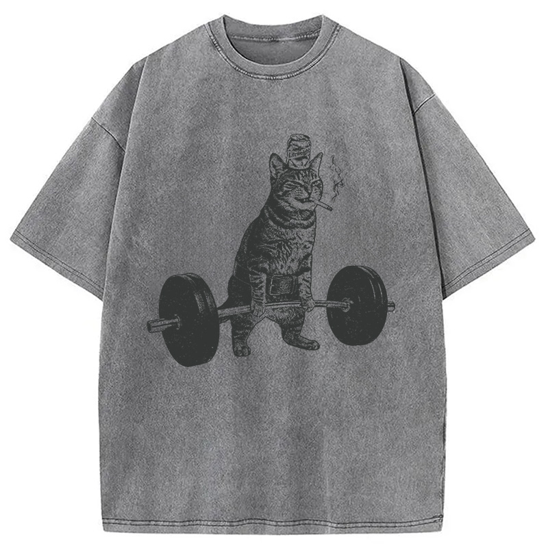 Modecanvas Funny Deadlift Cat Washed T-Shirt-modecanvas