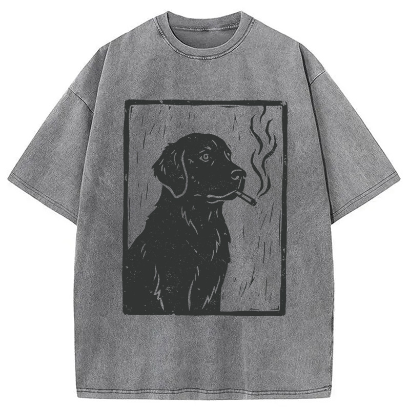 Modecanvas Smoking Labrador Linocut DTG Printing Washed T-Shirt
