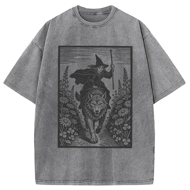 Modecanvas Witch Riding Wolf DTG Printing Washed T-Shirt