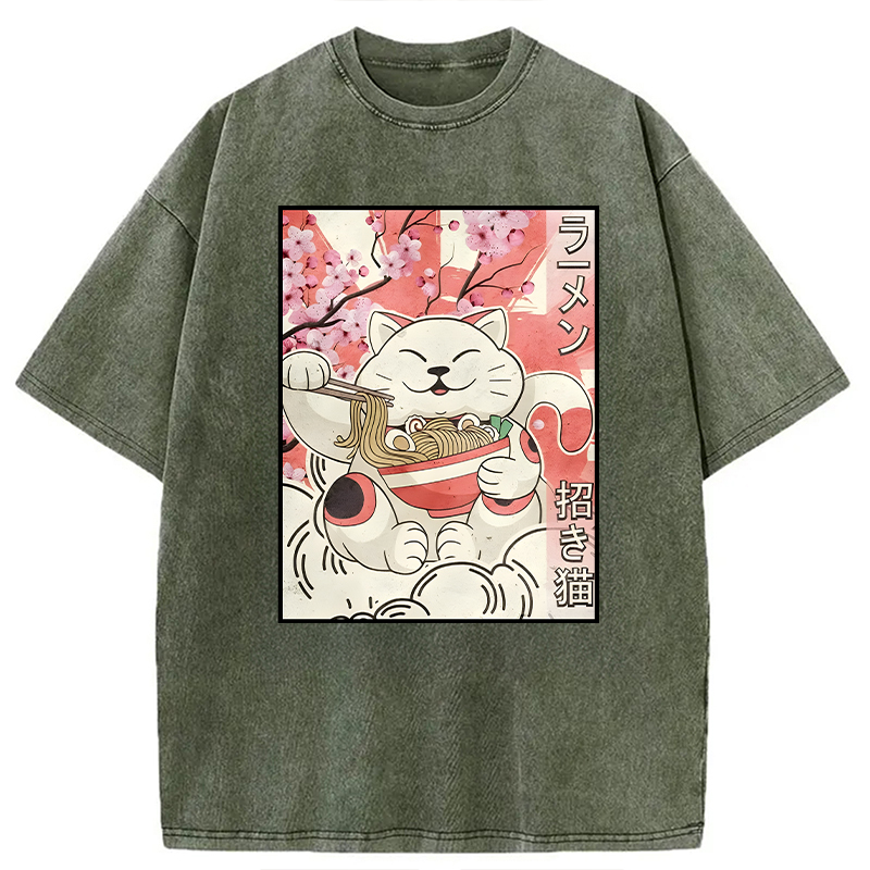Modecanvas Japanese Noodles Maneki Neko Cat Ramen Meme DTG Printing Washed T-Shirt