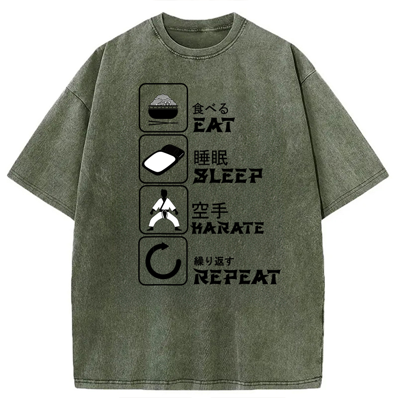 Modecanvas Eat Sleep Karate Repeat Meme DTG Printing Washed T-Shirt