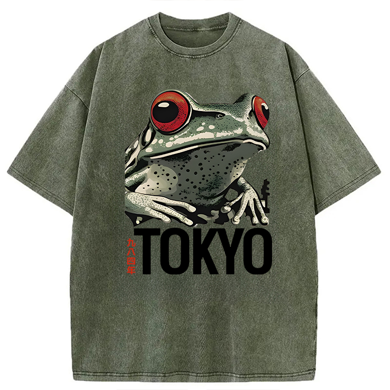 Modecanvas Retro Tokyo Frog DTG Printing Washed T-Shirt