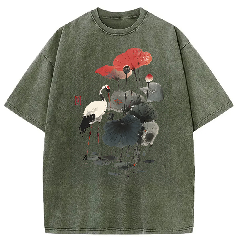 Modecanvas White Crane Among Lotus DTG Printing Washed T-Shirt