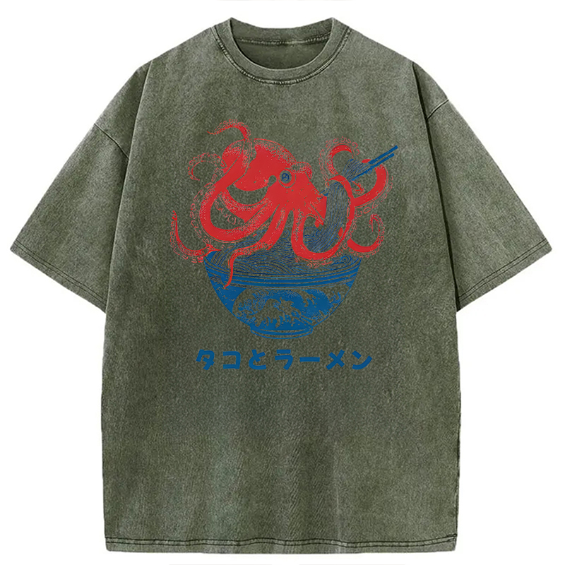 Modecanvas Octopus Eating Ramen DTG Printing Washed T-Shirt