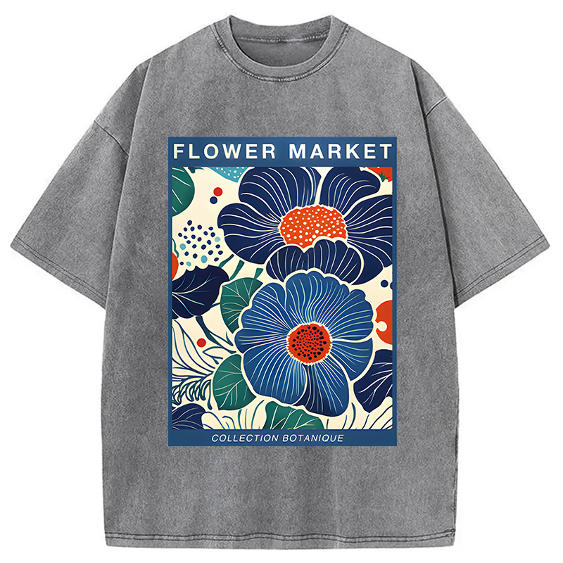 Modecanvas Blue Flowers Botanical Art DTG Printing Washed T-Shirt