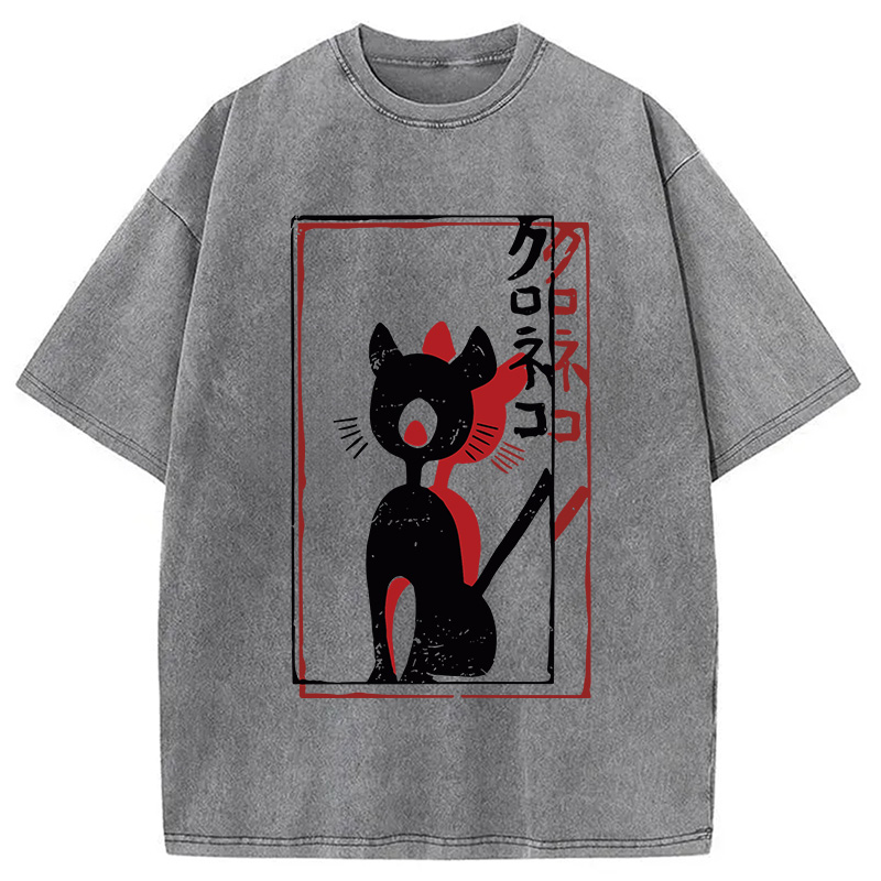 Modecanvas Japanese Retro Black Cat Poster DTG Printing Washed T-Shirt