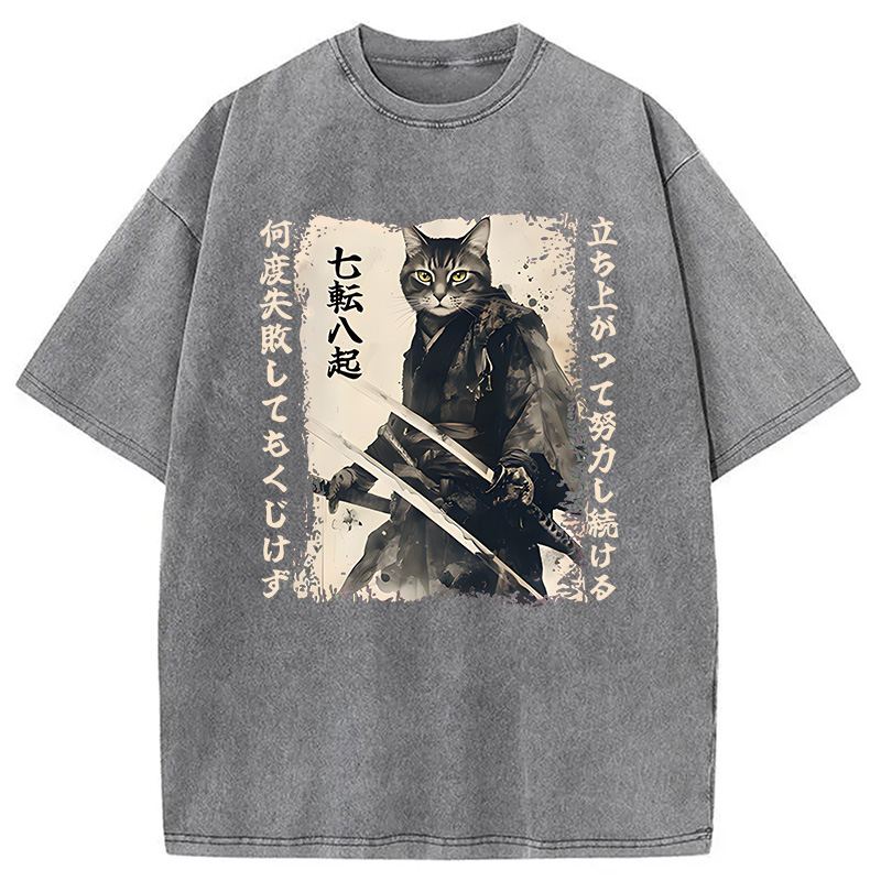Modecanvas Samurai Japanese Cat DTG Printing Washed T-Shirt