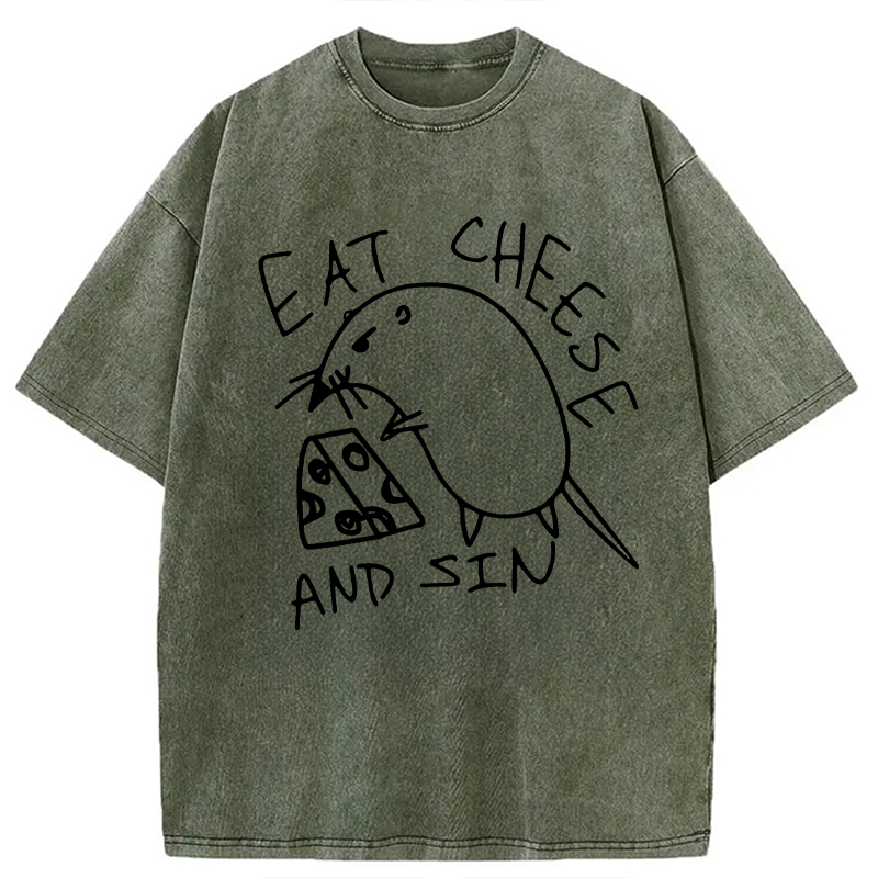 Modecanvas Eat Cheese And Sin Meme Washed T-Shirt-modecanvas