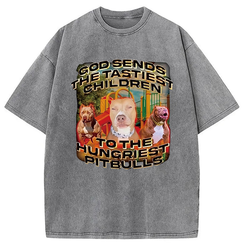 Modecanvas God Sends The Tastiest Children To The Hungriest Pitbulls DTG Printing Washed T-Shirt