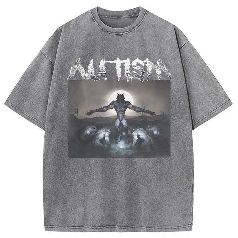 Modecanvas Funny Autism Wolf DTG Printing Washed T-Shirt