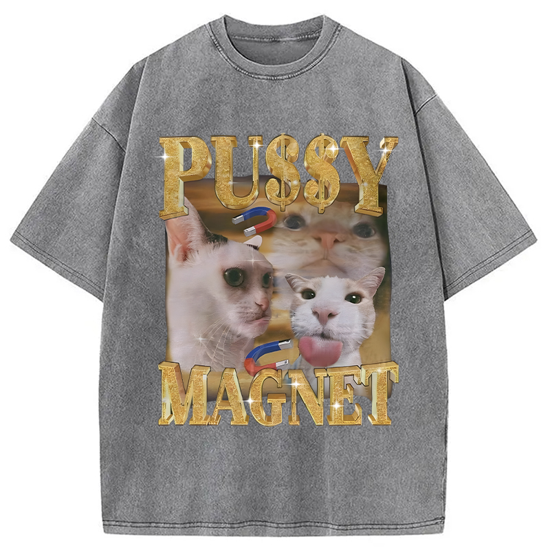 Modecanvas Ironic PUSSY MAGNET Cat Meme DTG Printing Washed T-Shirt