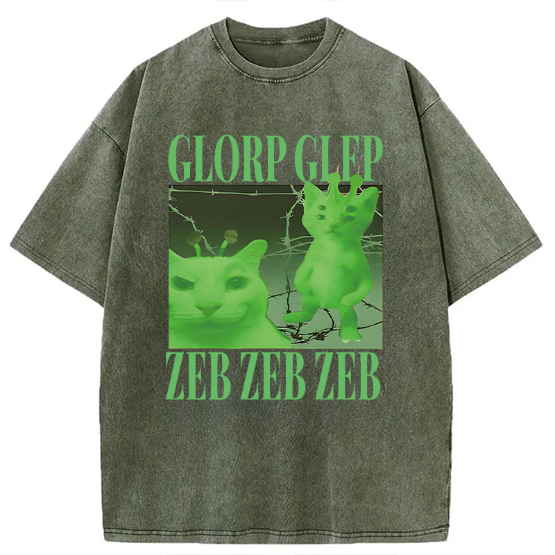 Modecanvas Green Alien Cat Meme DTG Printing Washed T-Shirt