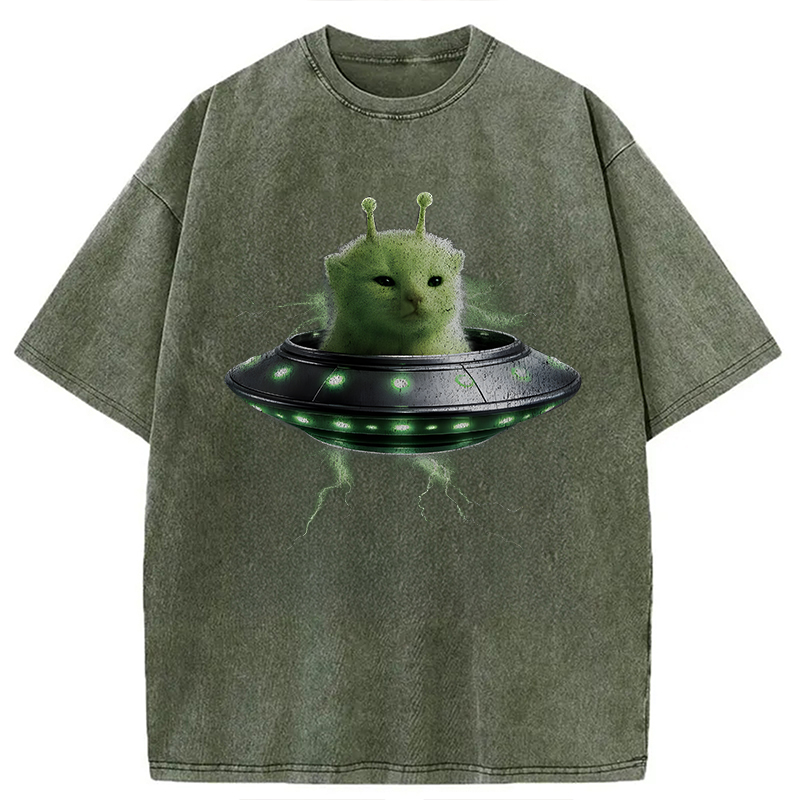 Modecanvas UFO Alien Cat DTG Printing Washed T-Shirt