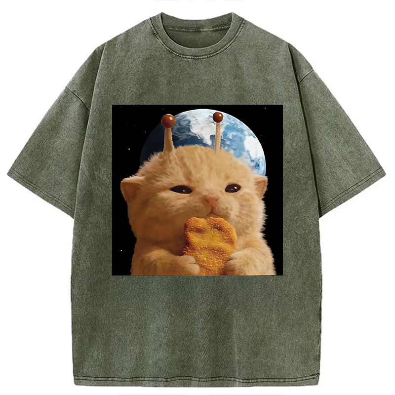 Modecanvas Space Chicken Nugget Alien Cat DTG Printing Washed T-Shirt