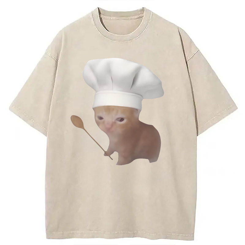 Modecanvas Funny Culinary Kitty Meme DTG Printing Washed T-Shirt