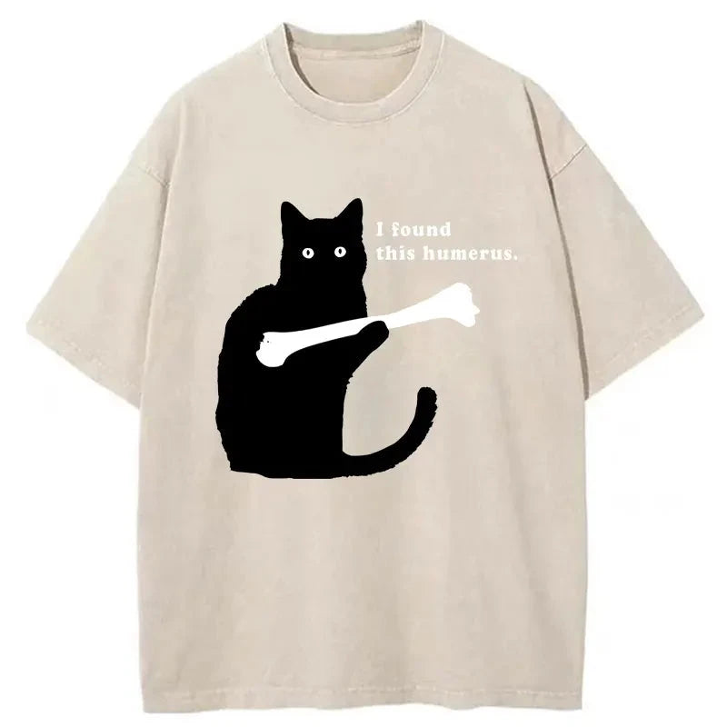 Modecanvas Cat Finds Human Bones Washed T-Shirt-modecanvas