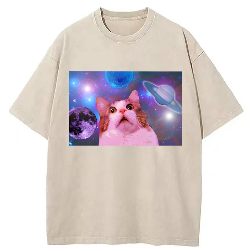 Modecanvas Funny Cat In Space DTG Printing Washed T-Shirt