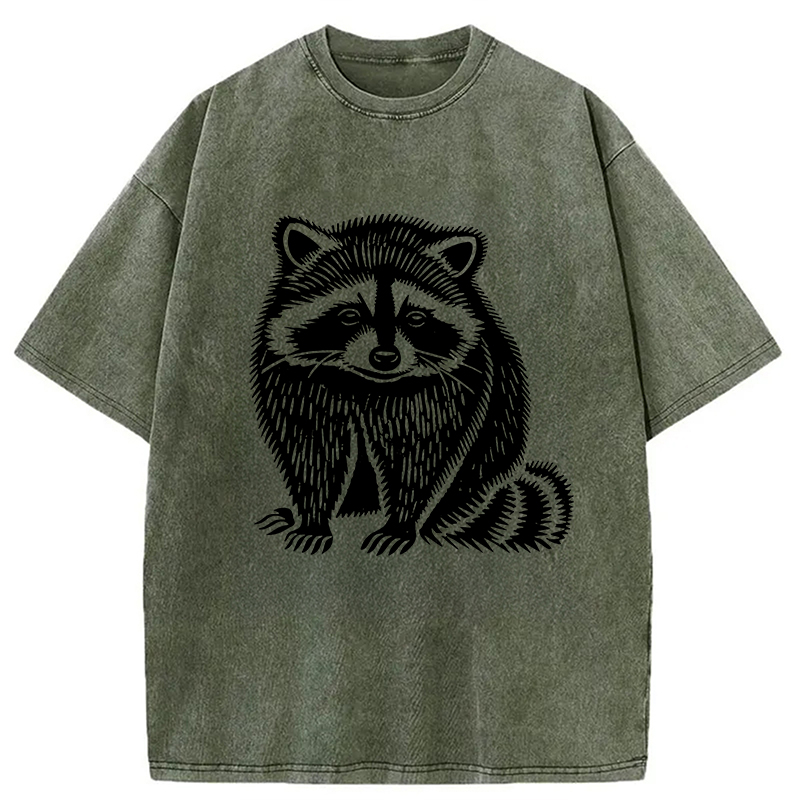 Modecanvas Vintage Minimalist Raccoon DTG Printing Washed T-Shirt