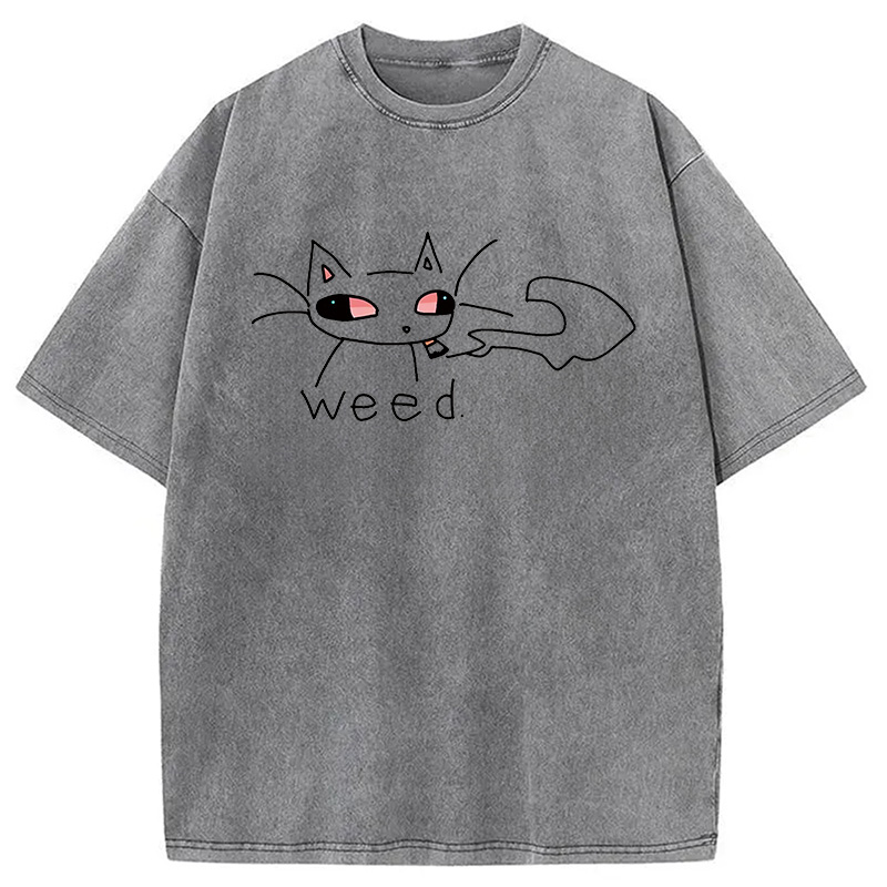 Modecanvas Smoking Weed Cat Meme DTG Printing Washed T-Shirt