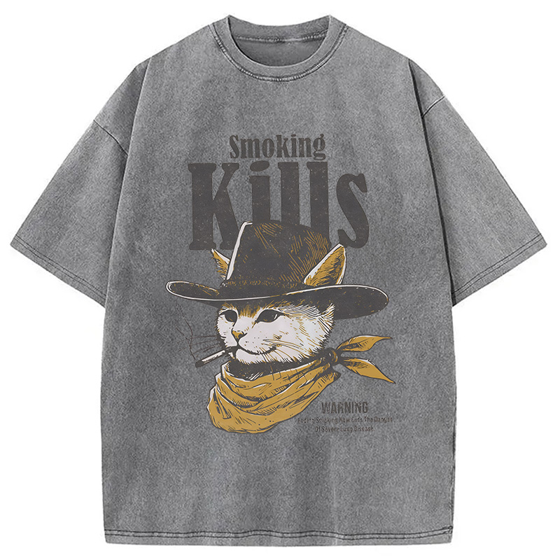 Modecanvas Funny Anti Smoking Cat DTG Printing Washed T-Shirt