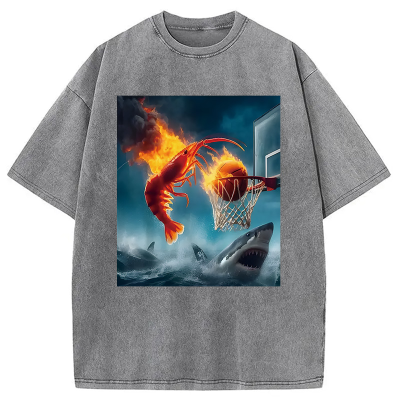 Modecanvas Shrimp Dunking on Shark Funny DTG Printing Washed T-Shirt