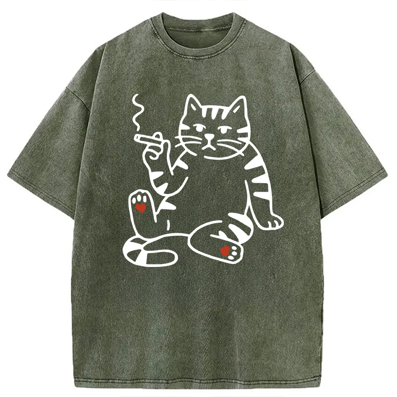Modecanvas Funny Smoking Cat Meme DTG Printing Washed T-Shirt