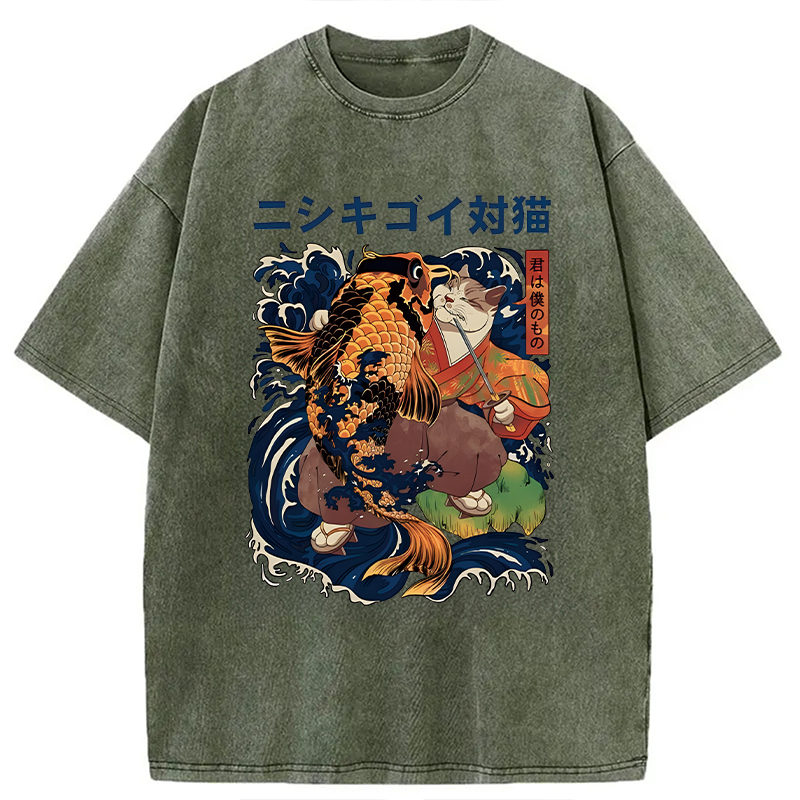 Modecanvas Harajuku Samurai Cat Koi Fish DTG Printing Washed T-Shirt