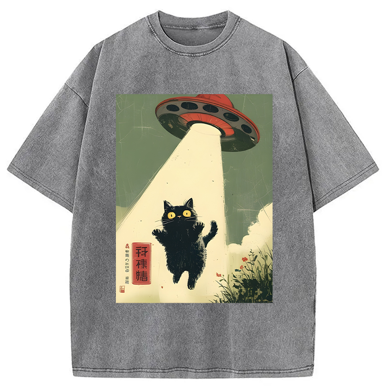 Modecanvas Vintage Japanese Alien Cat DTG Printing Washed T-Shirt