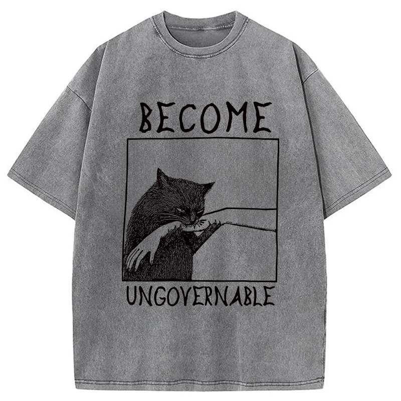 Modecanvas Cat Biting Arm Washed T-Shirt-modecanvas