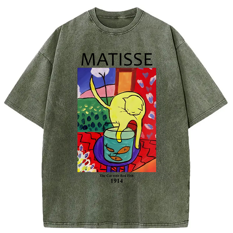 Modecanvas The Cat with Red Fish DTG Printing Washed T-Shirt