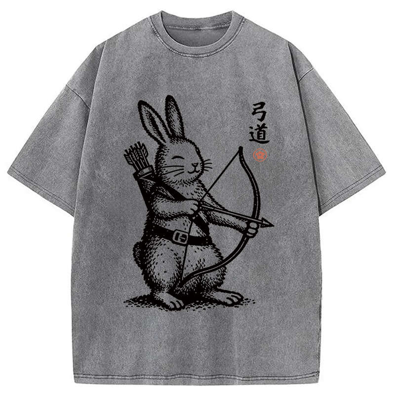 Modecanvas Rabbit Shooting Arrows DTG Printing Washed T-Shirt