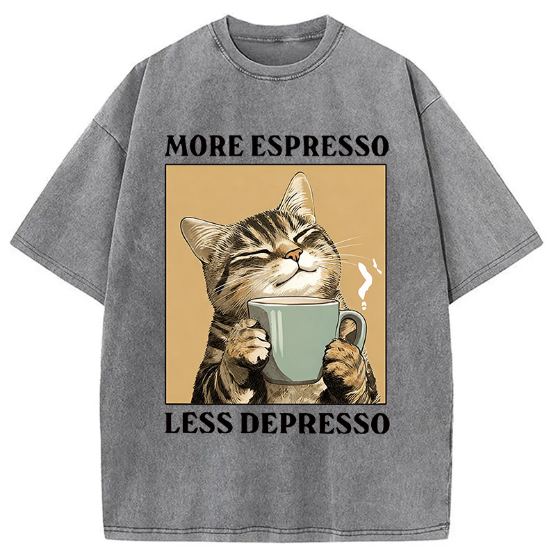 Modecanvas Cute Cat Drinking Coffee DTG Printing Washed T-Shirt