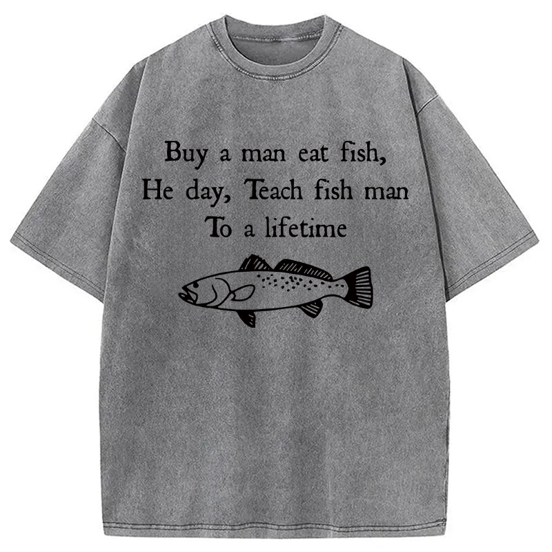 Modecanvas Man Eat Fish Meme DTG Printing Washed T-Shirt