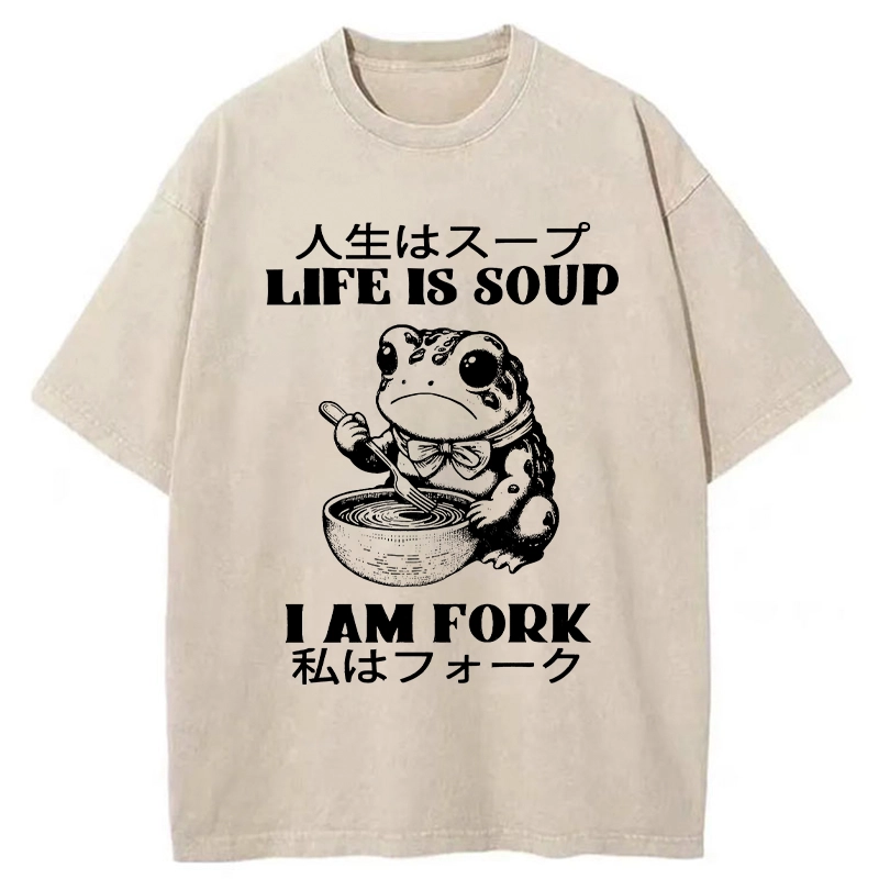 Modecanvas Life Is Soup I Am Fork Washed T-Shirt-modecanvas