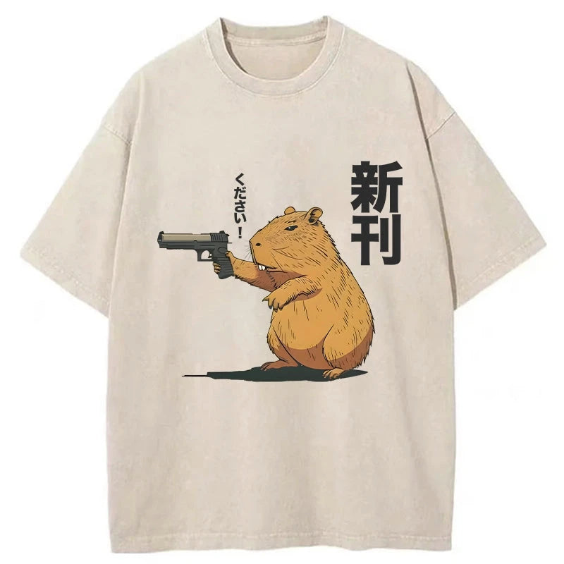 Modecanvas Capybara Holding A Gun Washed T-Shirt
