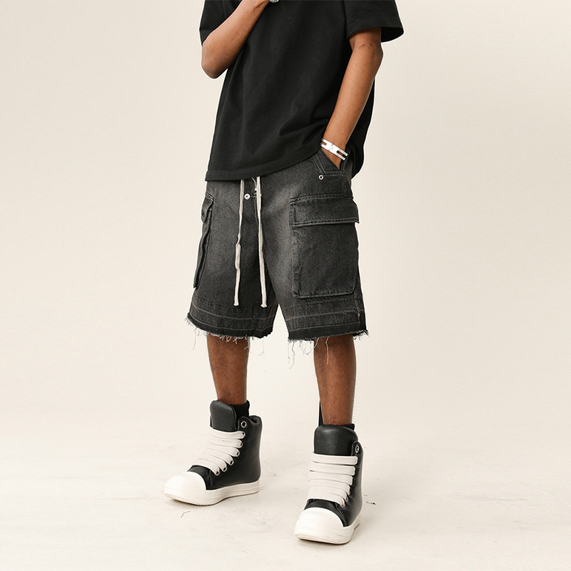 Modecanvas Large pocket Frayed Black Denim Short