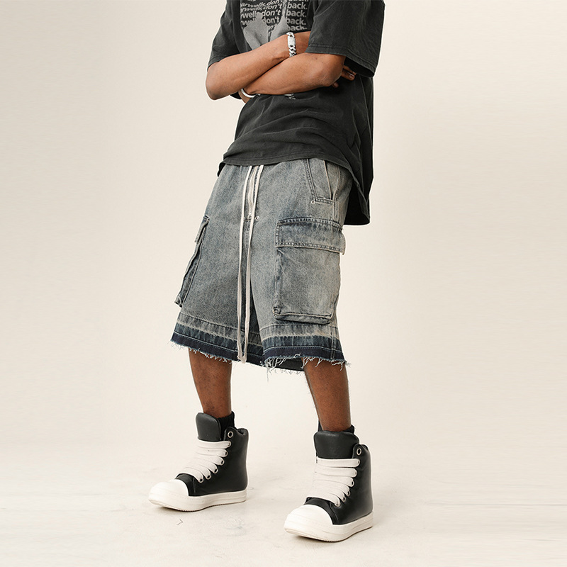 Modecanvas Large pocket Frayed Blue Denim Short