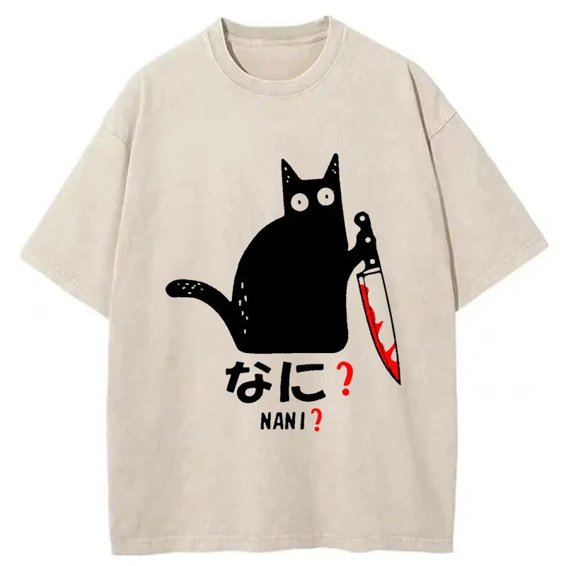 Modecanvas A Puzzled Cat Holding A Knife Washed T-Shirt-modecanvas