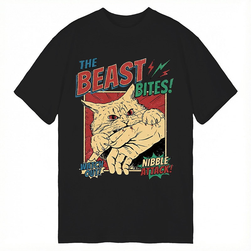Modecanvas Vintage Horror Cat Bite DTG Printing Classic T-Shirt-modecanvas