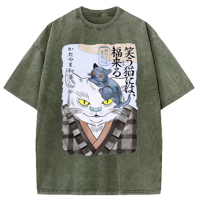 Modecanvas Japanese Vintage Cat DTG Printing Washed T-Shirt