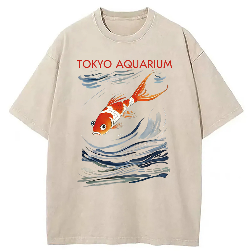 Modecanvas Tokyo Aquarium Koi Fish DTG Printing Washed T-Shirt