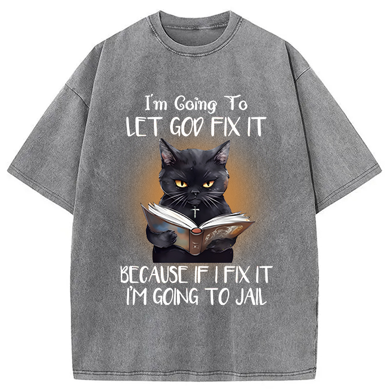 Modecanvas Funny Sarcastic Black Cat DTG Printing Washed T-Shirt