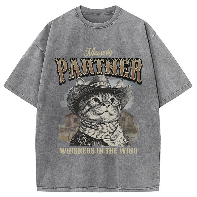 Modecanvas Meowdy Partner Cowboy Cat DTG Printing Washed T-Shirt